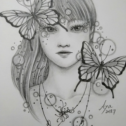 ☆原画・額なし☆ 蝶と女性／鉛筆画 絵画 touri 通販 13198382｜Creema