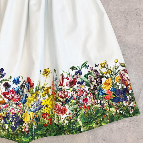 花の楽園 ボタニカル柄(ホワイト) ギャザースカート（やや厚手綿100