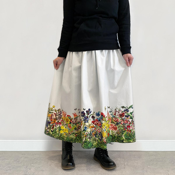花の楽園 ボタニカル柄(ホワイト) ギャザースカート（やや厚手綿100％） 10枚目の画像