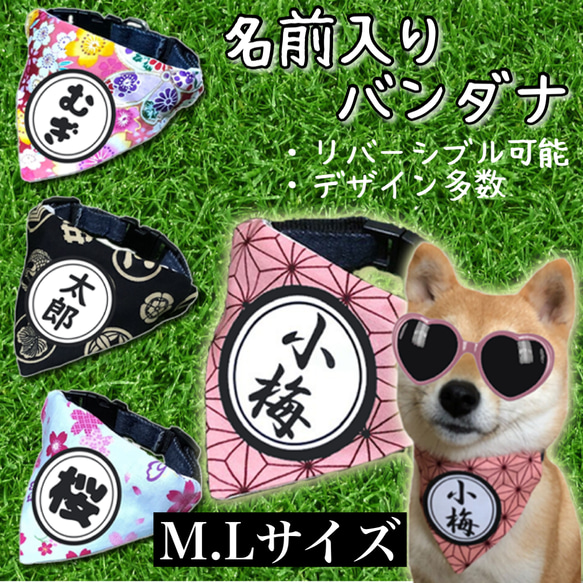 M.Lサイズ★和柄★中型犬 大型犬 犬用 オリジナル名前入りバンダナ 1枚目の画像