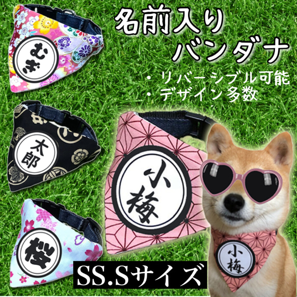首輪に通すだけ！SS.Sサイズ☆和柄☆ オリジナル 名前入りバンダナ 猫 