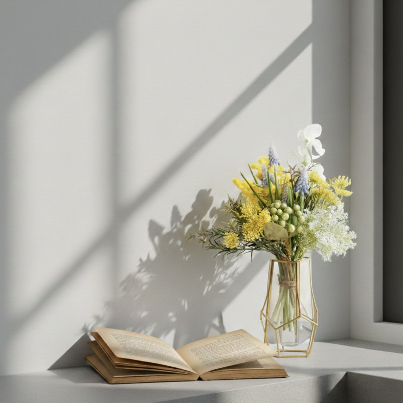 幾何学的ゴールドワイヤー花瓶setミモザブーケのナチュラルアレンジ