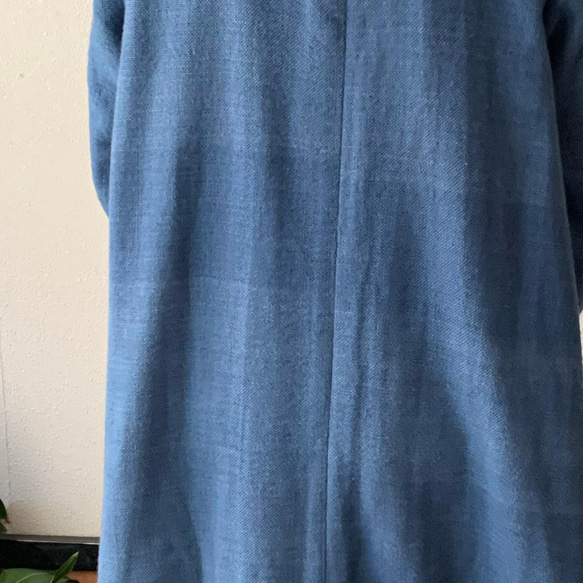 フード風襟の手織り綿バルーンコート　合いの季節に嵐山のお店で一番人気裾切り替えキュートなコート　空色（ライトブルー）絣 13枚目の画像