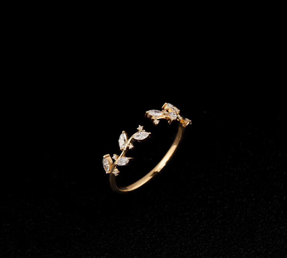 「枝葉」天然ダイヤモンド　K18  リング　自信　清浄無垢　4月の誕生石　耽美  マーキーズカット 1枚目の画像