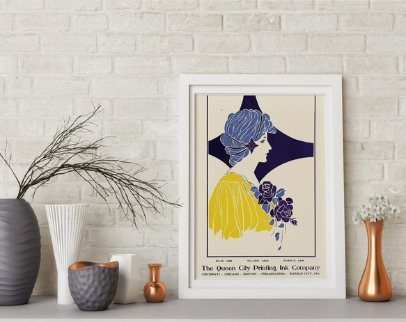 NO.338】女性と青い薔薇のアートポスター☆花柄レトロモダンモッズ