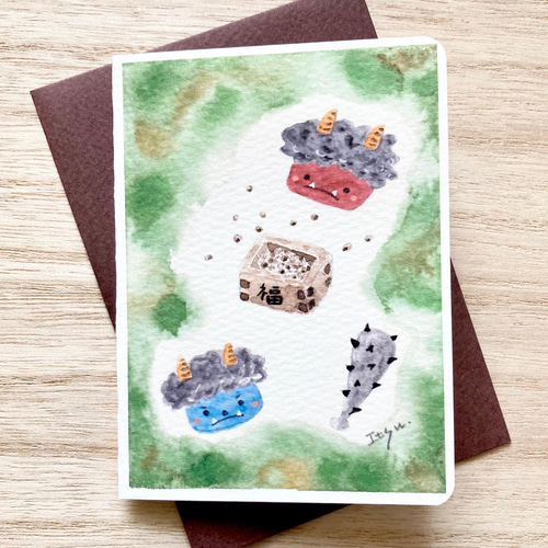透明水彩画 ミニカード2枚セット「鬼退治(節分)」イラスト 豆まき オニ