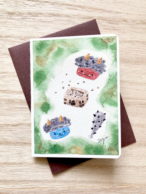 透明水彩画 ミニカード2枚セット「鬼退治(節分)」イラスト 豆