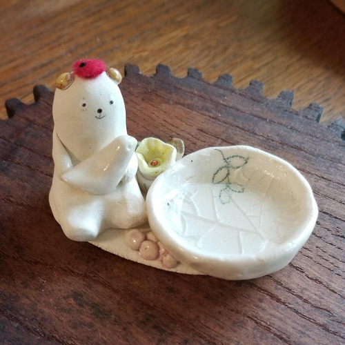 陶のクマさん（小鳥と）～小さな小さな小物入れ～ その他インテリア