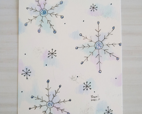 ☆原画・額なし☆ ふんわり＊雪の結晶イラスト／色鉛筆&ペン イラスト