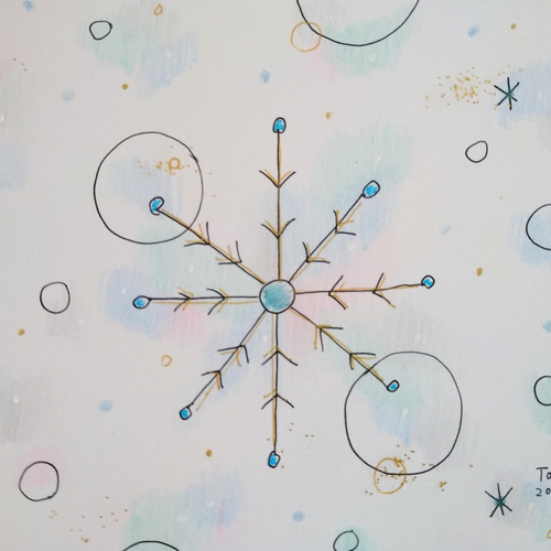 色鉛筆画 イラストレーション原画「冬の贈り物」 ☆原画・額なし☆ ふんわり＊雪の結晶イラスト／色鉛筆&ペン イラスト