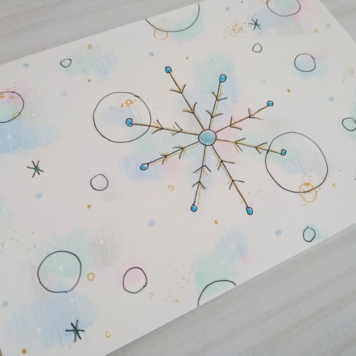 色鉛筆画 イラストレーション原画「冬の贈り物」 ☆原画・額なし☆ ふんわり＊雪の結晶イラスト／色鉛筆&ペン イラスト