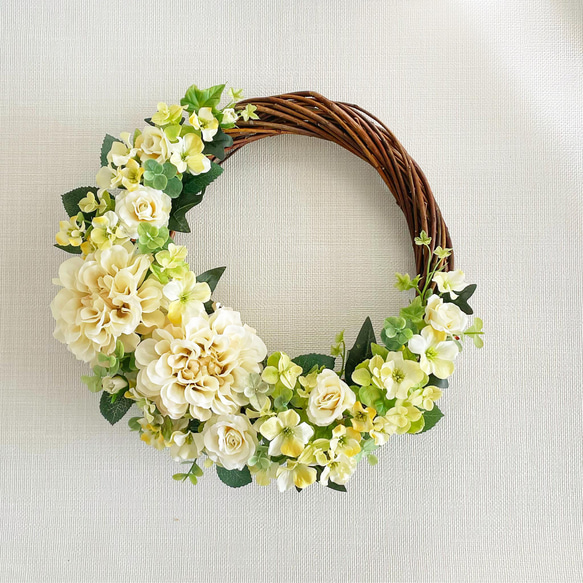 rococo調ペールイエロー アーティフィシャルフラワーリース 直径約40cm アーティフィシャルフラワー リース 20センチ リース Fleur de E