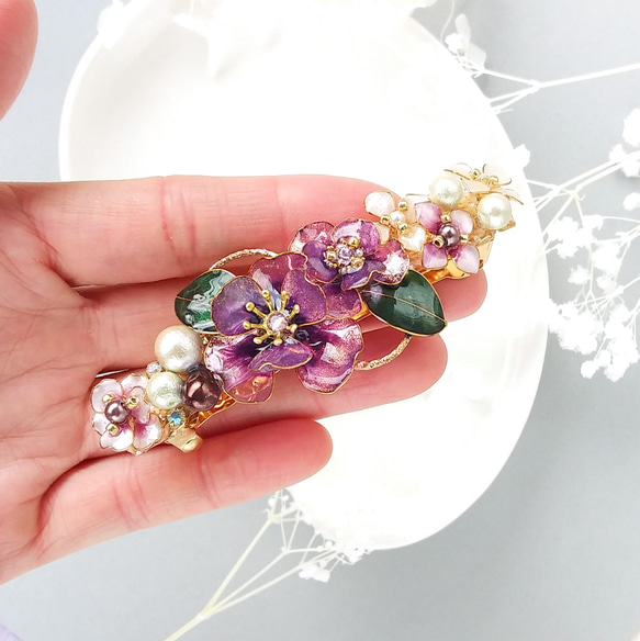 barrette　紫のお花ブーケ 和モダン くすみカラー 【受注制作】 山茶花 桜 葉 アネモネ 紫陽花 5枚目の画像