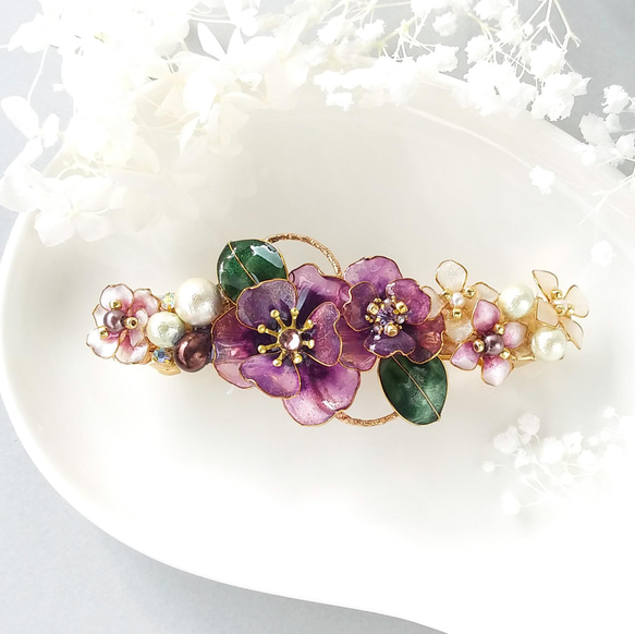 barrette　紫のお花ブーケ 和モダン くすみカラー 【受注制作】 山茶花 桜 葉 アネモネ 紫陽花 12枚目の画像