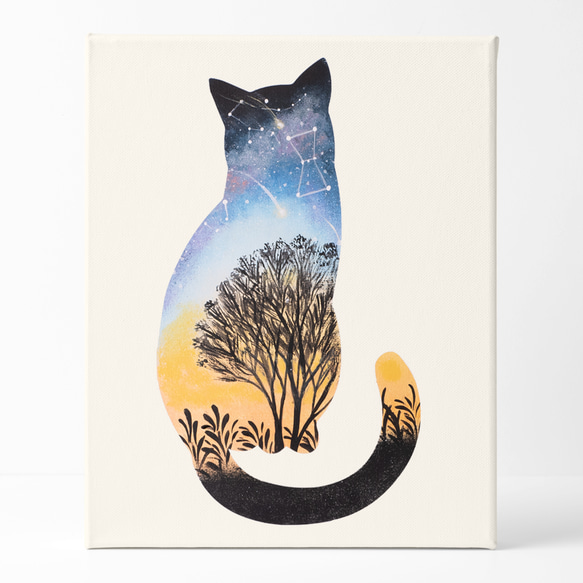 油絵 絵画 原画 影絵 影画 ねこ『しっぽのハート』 流星と猫のシルエットアート その他アート しるえっとあーと