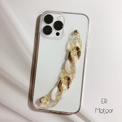ホワイト大理石柄とゴールドチェーンのキーリングハンガー、iPhoneケース、スマホケース 1枚目の画像