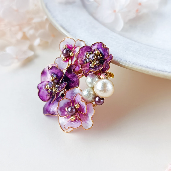 brooch < purple * blue > flowers お花のブーケ 【受注制作】 桜 アネモネ 山茶花 17枚目の画像