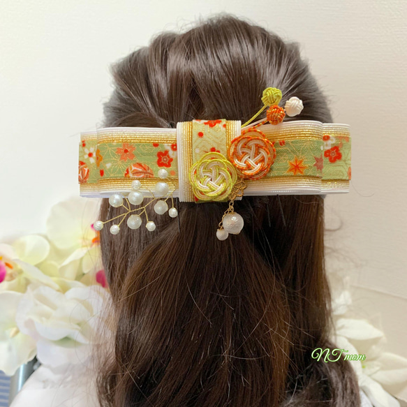 成人式卒業式結婚式・和装水引髪飾り・二重梅リボン・白草 4枚目の画像