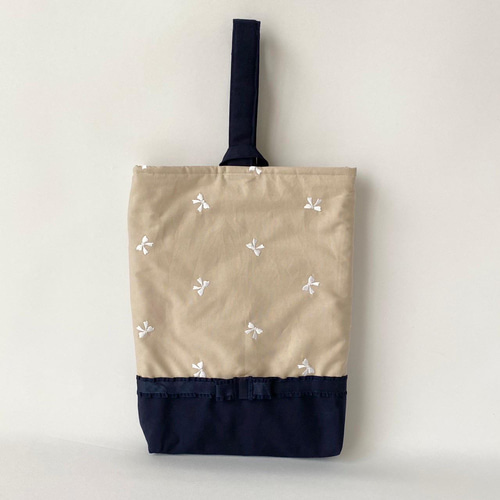 3点セット!! リボン刺繍 ベージュ リボン付き レッスンバッグ