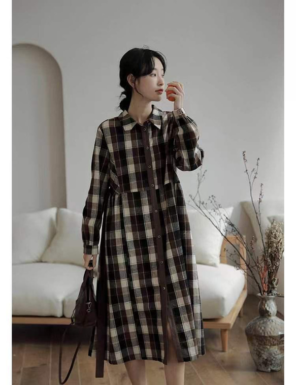 起毛コットン100%】チェック柄長袖シャツワンピース ウエストリボン