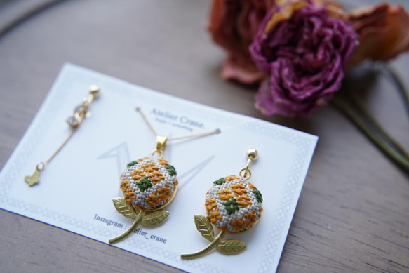 一輪/イエロー】こぎん刺しアクセサリーセット ピアス（フック