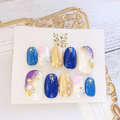 オーダー】ネイルチップ袴振袖ネイル成人式卒業式和柄ニュアンスネイル青