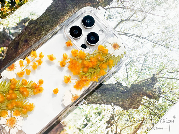 花語りの風 [ミモザ &ノースポール] ドライフラワー 押し花スマホケース  iPhone 16 15 14 13 12枚目の画像