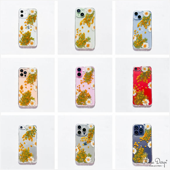 花語りの風 [ミモザ &ノースポール] ドライフラワー 押し花スマホケース  iPhone 16 15 14 13 3枚目の画像