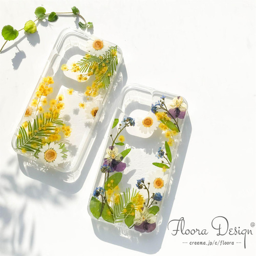 ミモザ & カモミール] ドライフラワー 押し花スマホケース iPhone 15  