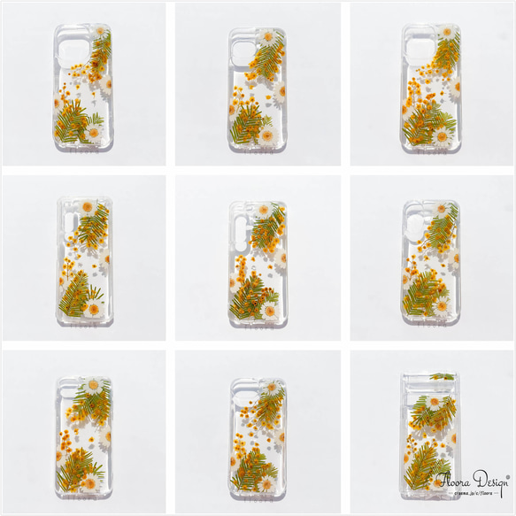 花語りの風 [ミモザ &ノースポール] ドライフラワー 押し花スマホケース  iPhone 16 15 14 13 2枚目の画像