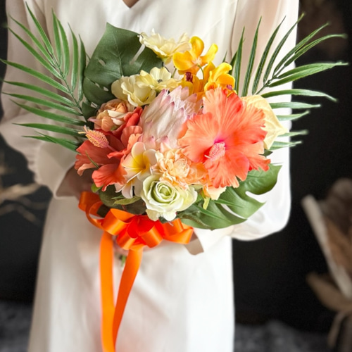 オレンジハイビスカス南国クラッチブーケ☆ブートニア ブーケ ほうき星