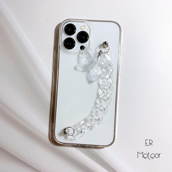 蝶々チャーム付きクリアチェーンのキーリングハンガー、iPhone