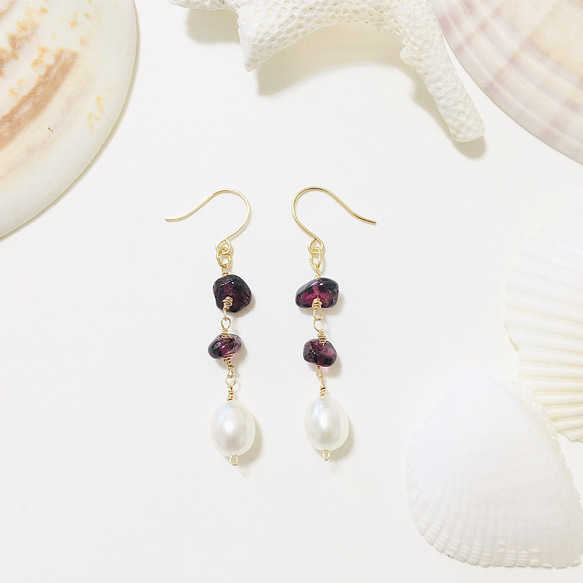 新品K18 天然ガーネット淡水パール ハンドメイドピアス