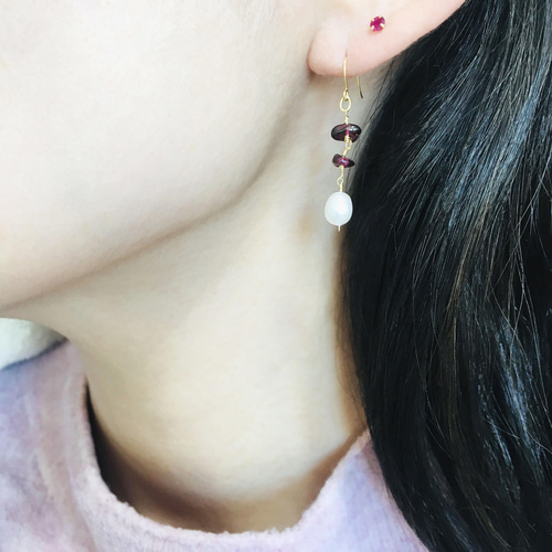 新品K18 天然ガーネット淡水パール ハンドメイドピアス