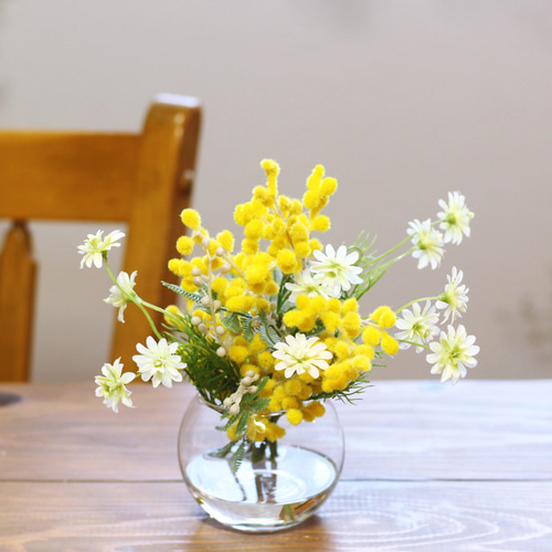水替え不要!!「ミモザと小花」のガラス花瓶アレンジ「Creema限定