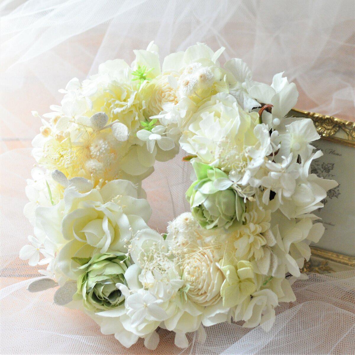 母の日 ギフトフラワー ホワイトリース ・紫陽花と薔薇のアーティフィシャルフラワー・ウェディング 玄関インテリアにも