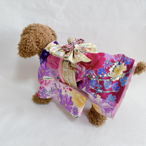 は自分にプチご褒美を 犬用晴れ着 振袖 正絹 本格 犬の着物✨京友禅 M わんこ 一点物 首輪・ハーネス・リード