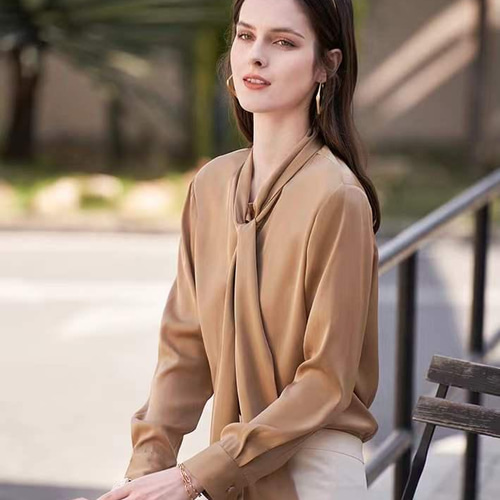 2色【ジョーゼットシルク】ボウタイ 長袖ブラウス【秋春夏】赤