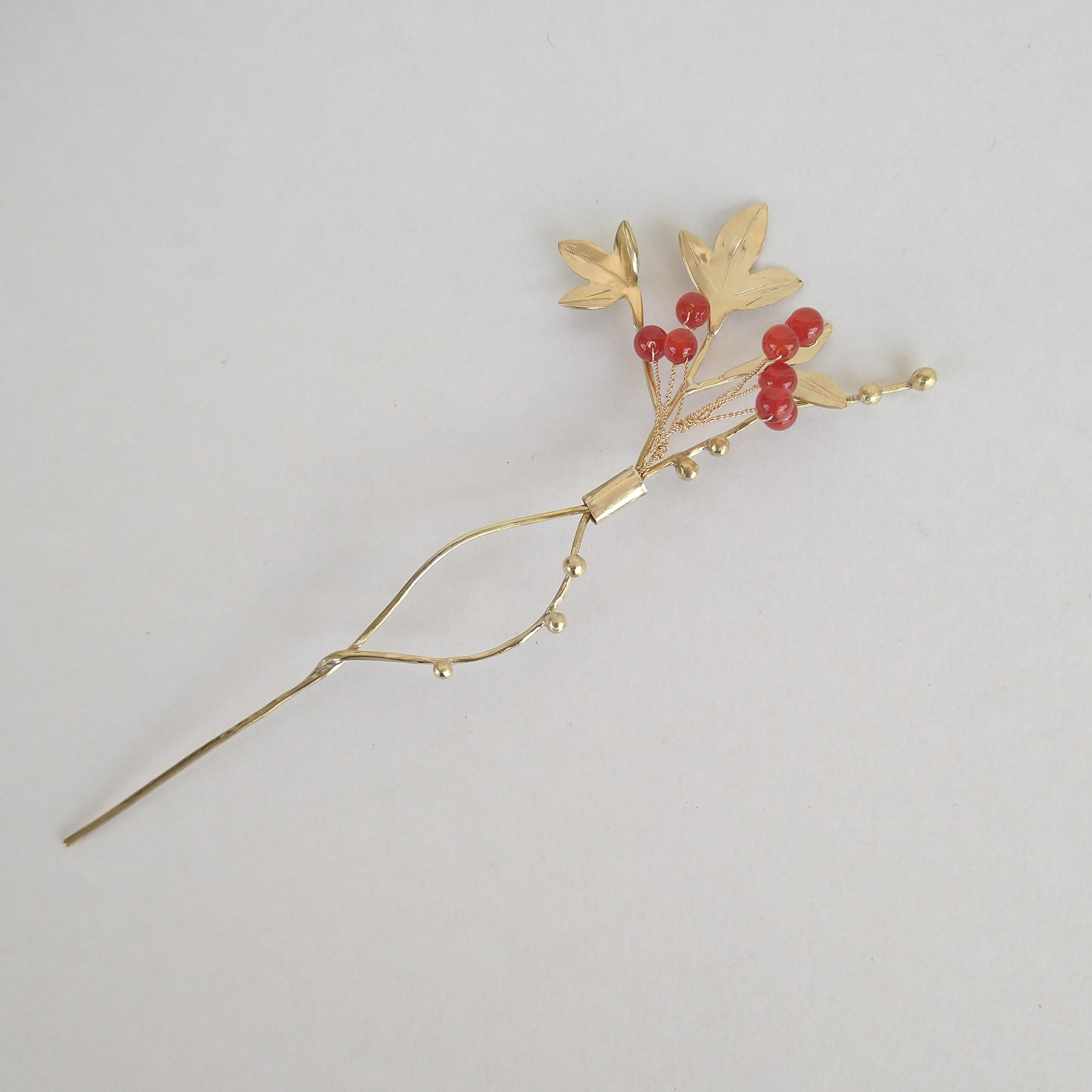 南天の実真鍮かんざしミニサイズ　瑪瑙石　宝珠