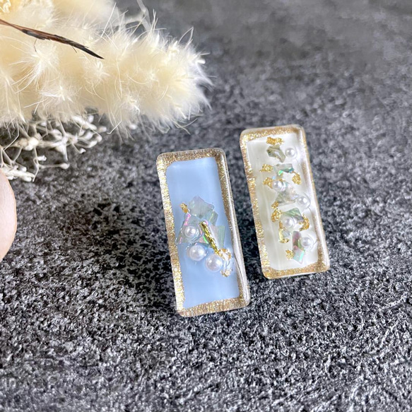アクセサリー Hana glass flat rectangle nuance goldline blue&white Earrings
