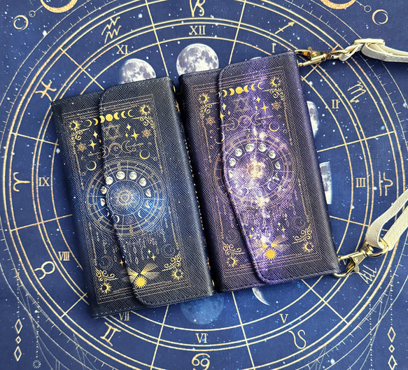 全5色】月の満ち欠け・12星座 ショルダーストラップ付き 三つ折り手帳