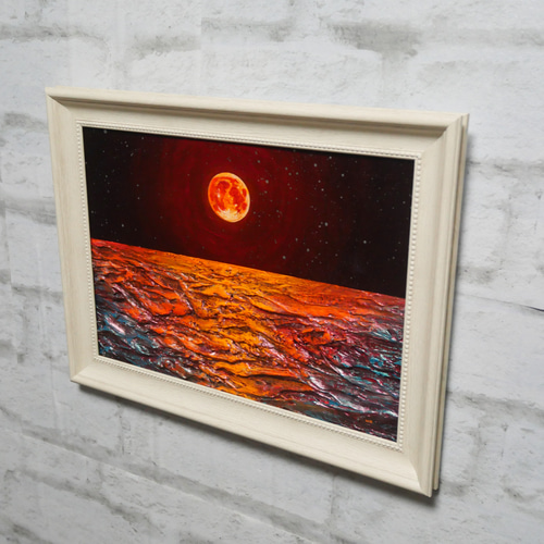 油絵 油彩 油彩画 絵 絵画 【オレンジ色の満月と輝く海】 絵画