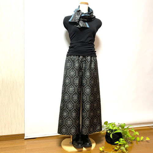 大島紬ゆったりストレートパンツ＋ストール＊裏地付き＊着物リメイク