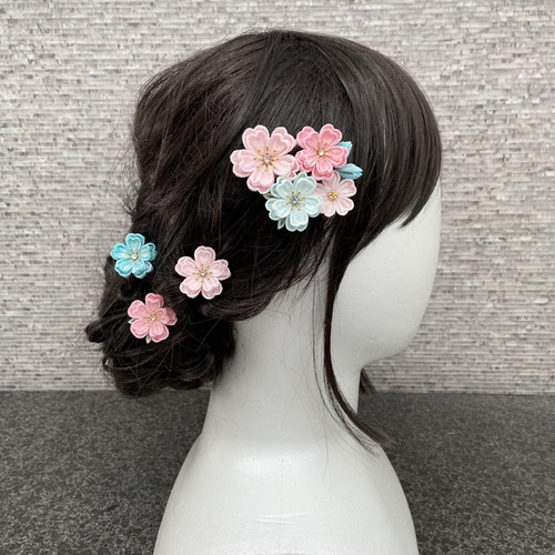 つまみ細工 桜の髪飾りset ピンク×ブルー *七五三*成人式*卒業式