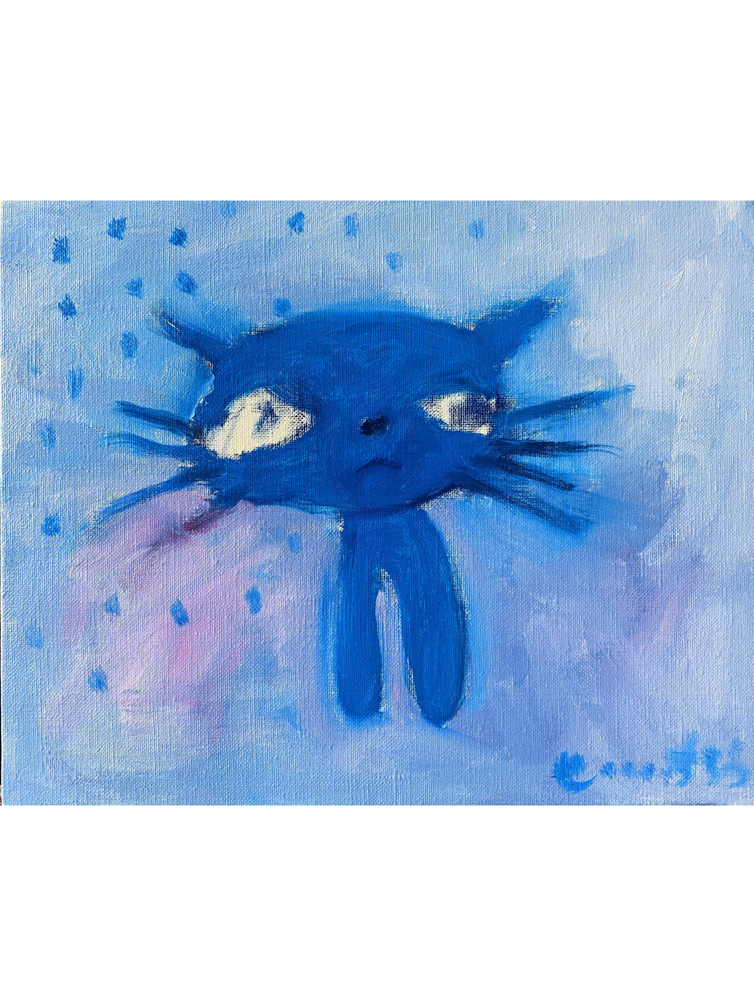 絵画 額付( 青緑＋金色の枠) 油絵F4-091218 子猫と女の子