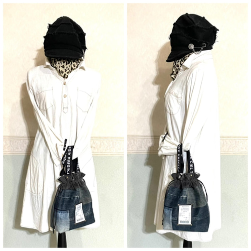 デニムリメイク*パッチワーク♪巾着バッグ❥ハンドメイド❥ 巾着バッグ 