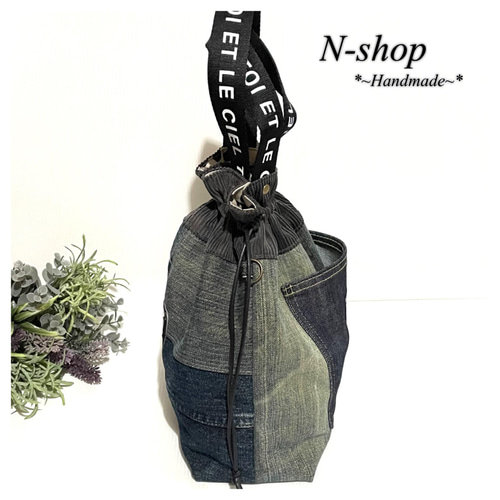 デニムリメイク*パッチワーク♪巾着バッグ❥ハンドメイド❥ 巾着バッグ 