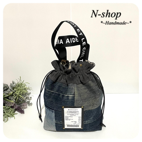 デニムリメイク*パッチワーク♪巾着バッグ❥ハンドメイド❥ 巾着バッグ 
