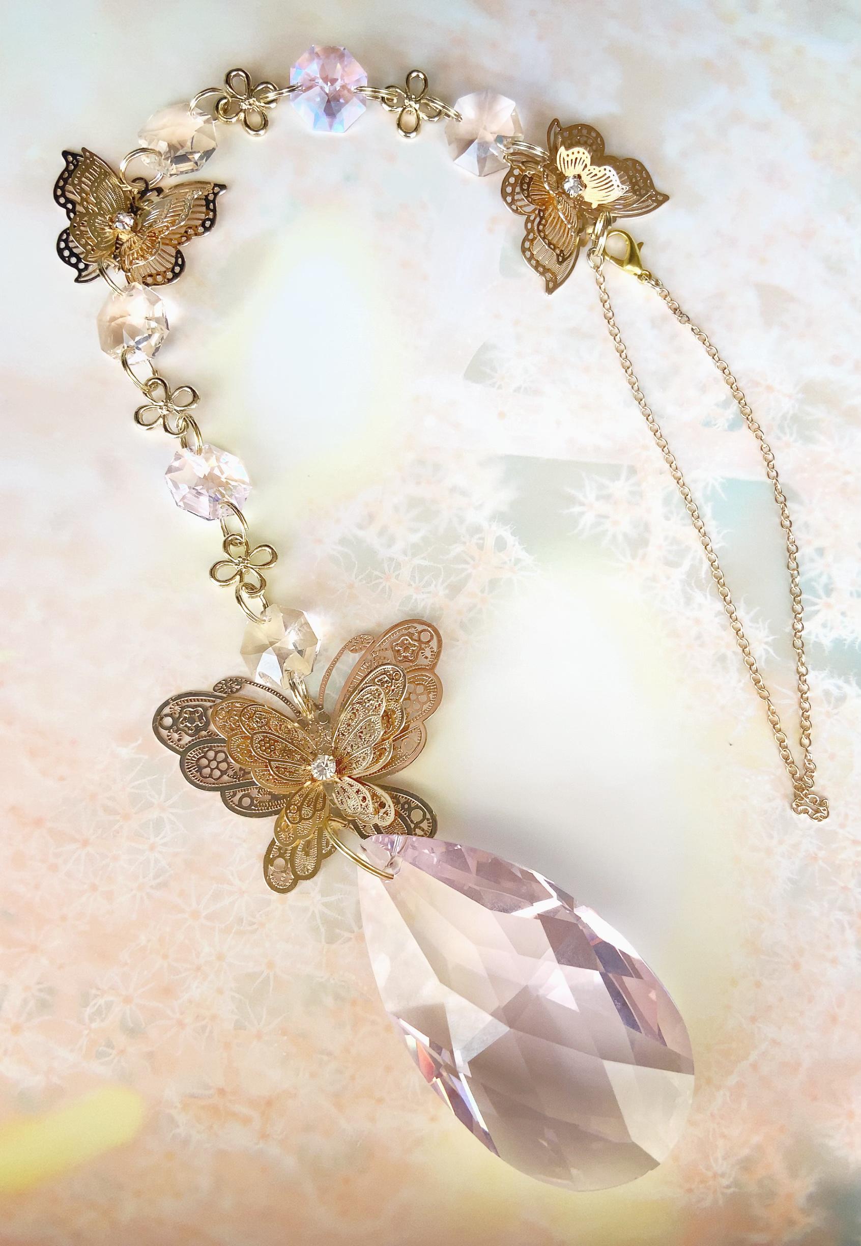 ラス１早い者勝ち高級クリスタルパーツ使用希少超特大サイズドロップ型63ミリ バタフライサンキャッチャー