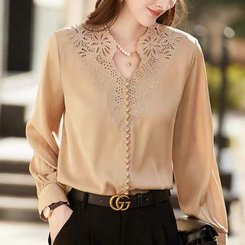 ジョーゼットシルク】くるみボタンと透かしビィンテージ刺繍 長袖